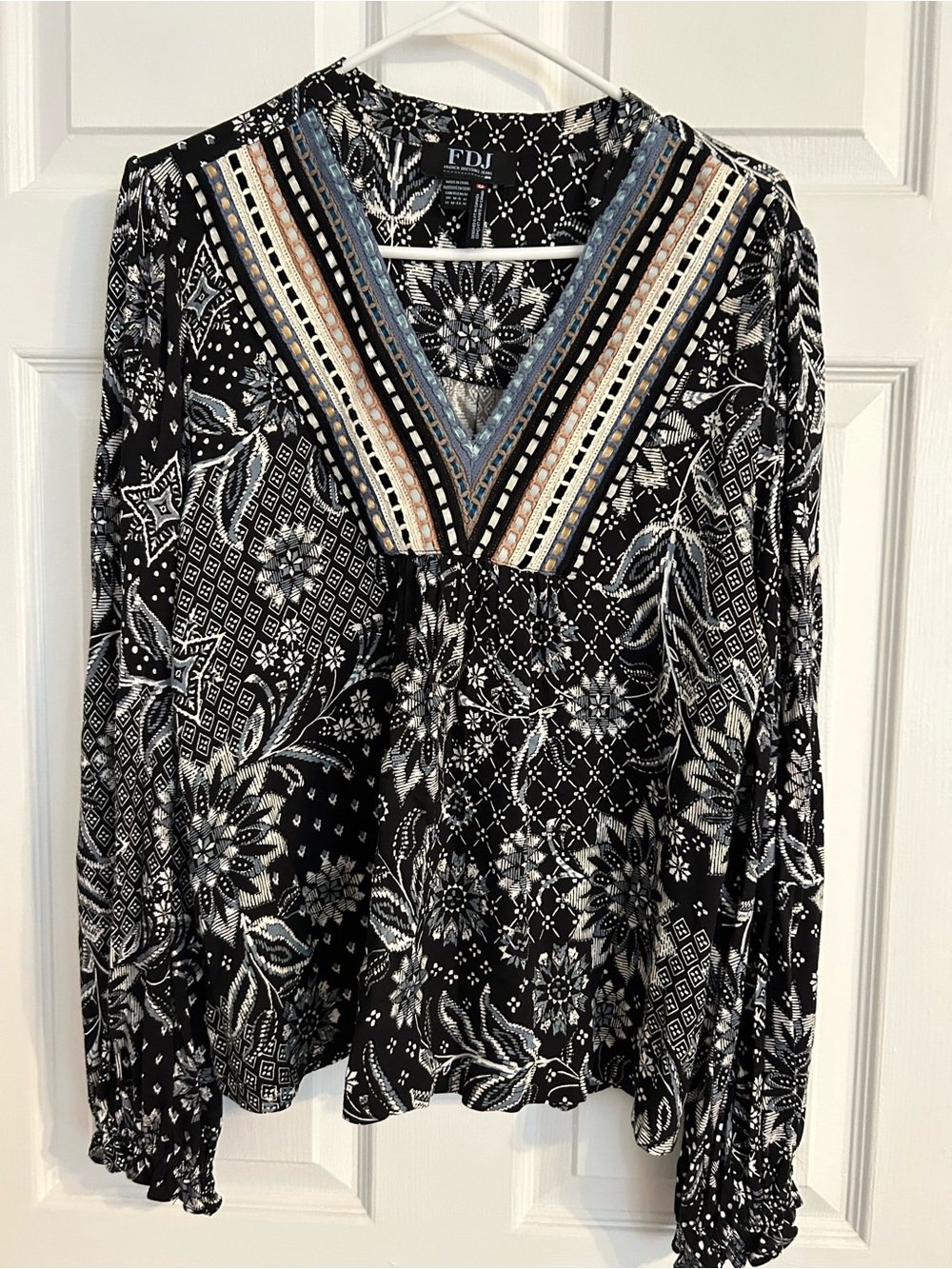 FDJ Navy Floral V-Neck Long Sleeve Blouse with Embroidered Trim